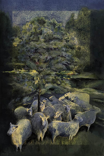 Sheep seeking shelter under a tree during a storm